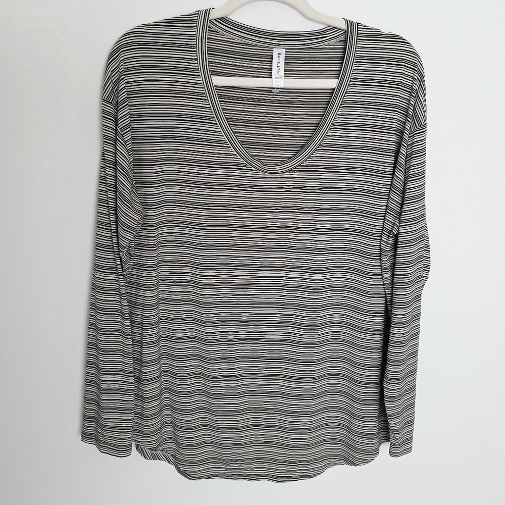 Athleta Black Striped Pullover Modal Knit Cloudlight Stratus T-Shirt Top Size L